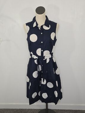 Talbots Sleeveless Navy Blue Polka Dot Shirt Dress  SZ 8P